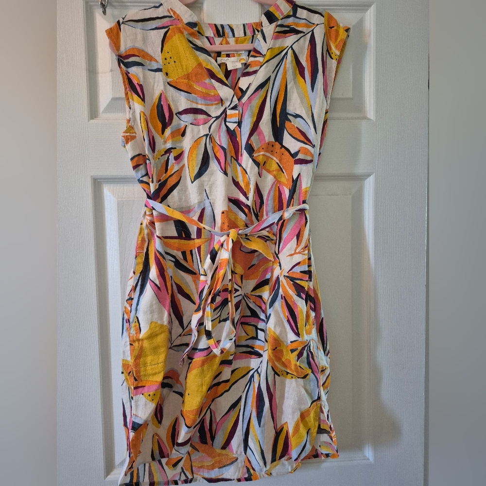 NWT C&C California 100% Linen Tropical Fruit Print Mini Tie/Shift Dress